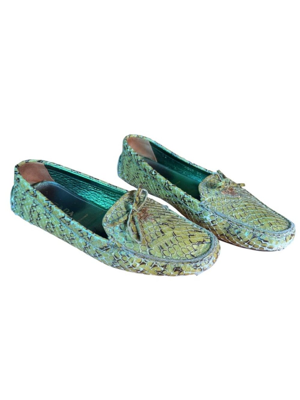 Prada Green Snakeskin Leather Driving Loafers Size EU 38